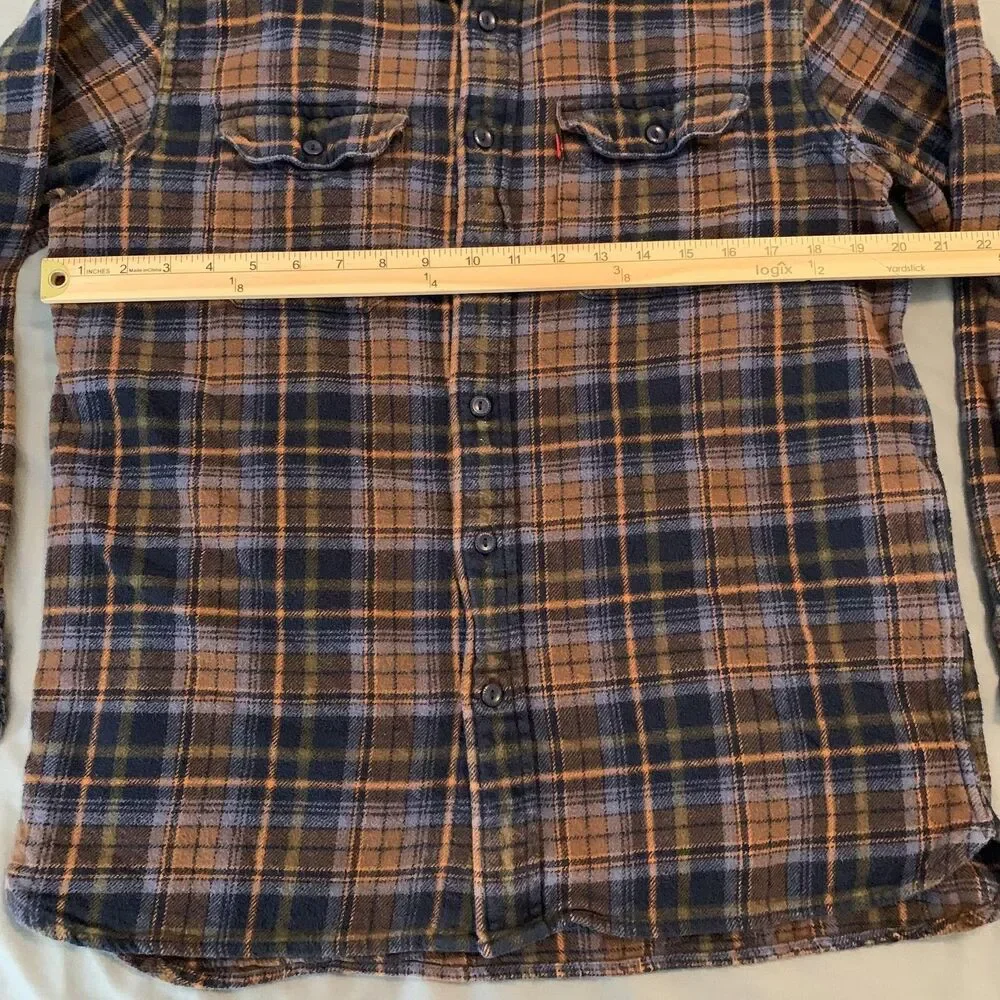 Levis Shirt Mens Medium Blue Brown Plaid‎ Flannel Button Front Relaxed Fit